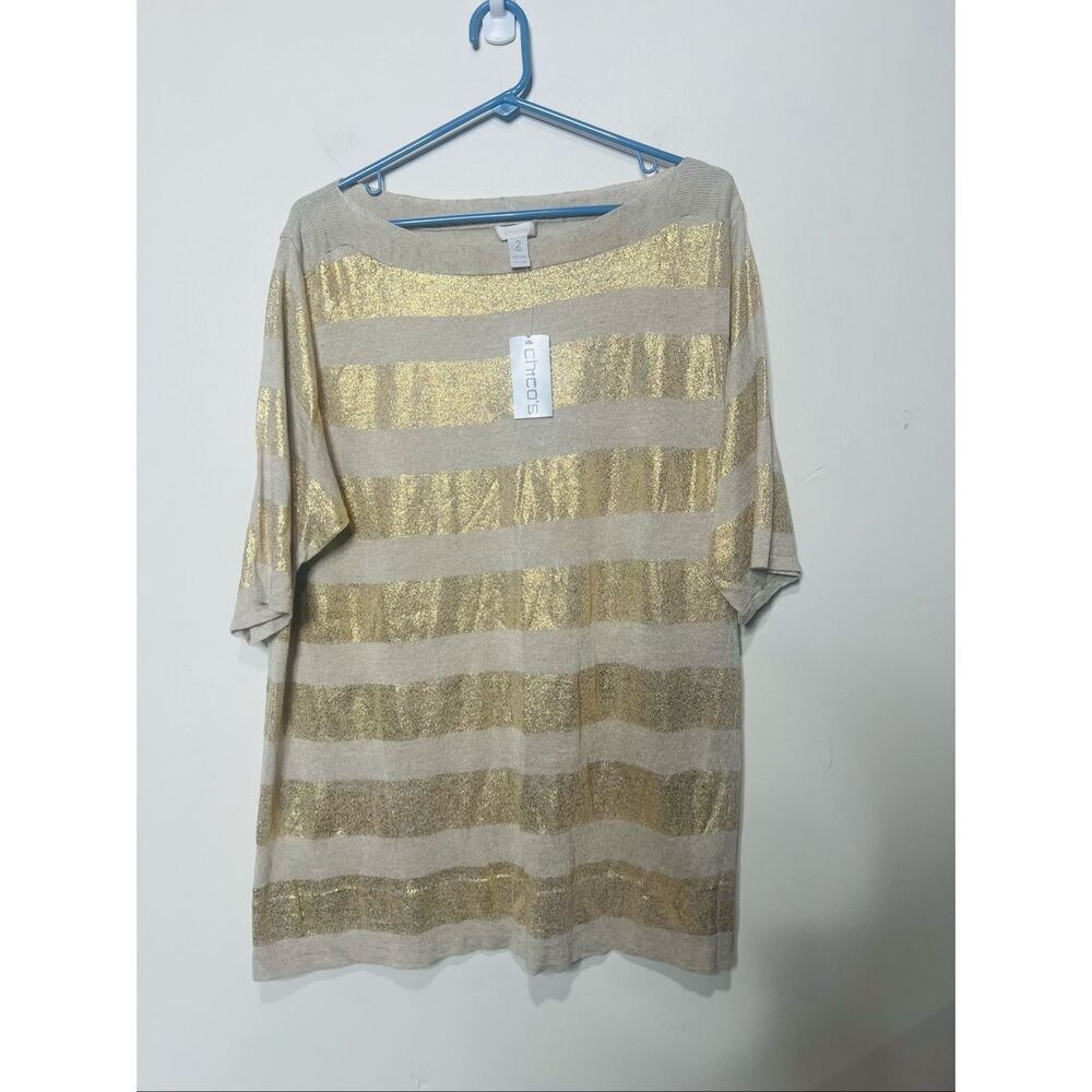 Chico's Travelers Collection Sweater Gold Stripe Sz 2 (Large 12-14) NWT! Linen R